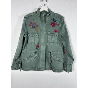 Billy T Womens Floral Embroidered Stud Military Jacket Size Small Green Pockets
